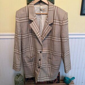 Liz Claiborne Womens Plaid Blazer Jacket Size 12 Beige/Brown 100% Pure Wool Made